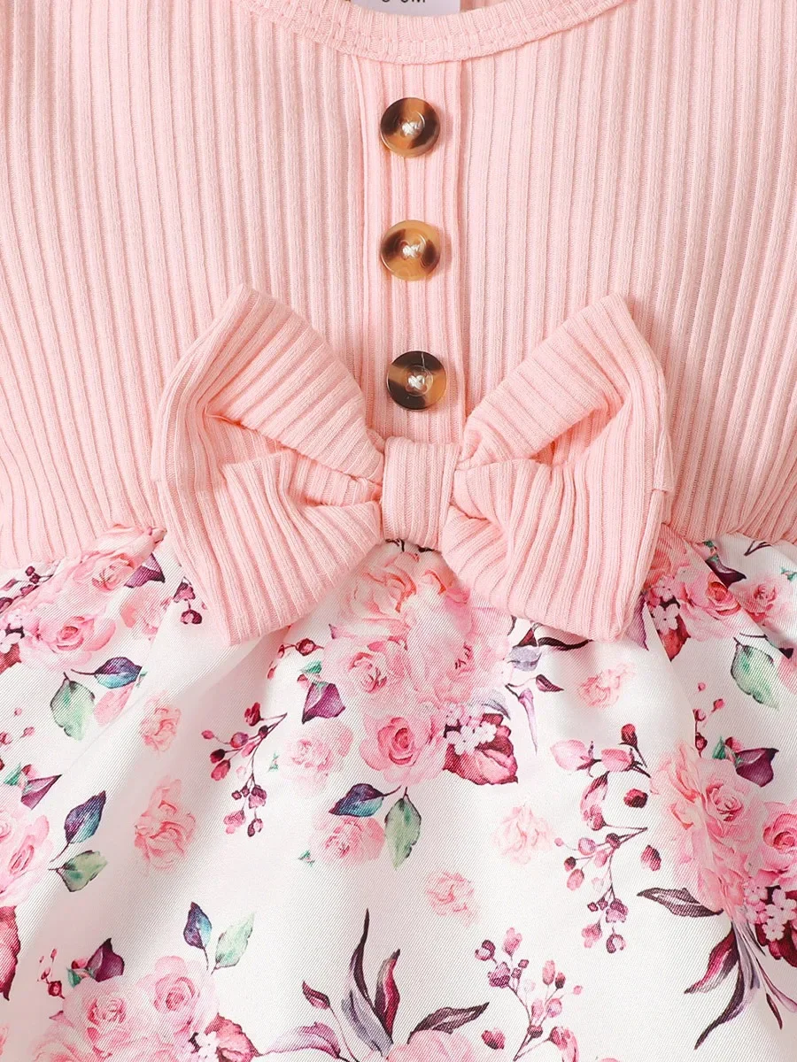 2PCS Baby Girl Princess Romper Dress Long Sleeved Lovely Ribbed Floral Jumpsuit with Headband for Newborn Baby Girl 0-18 Months