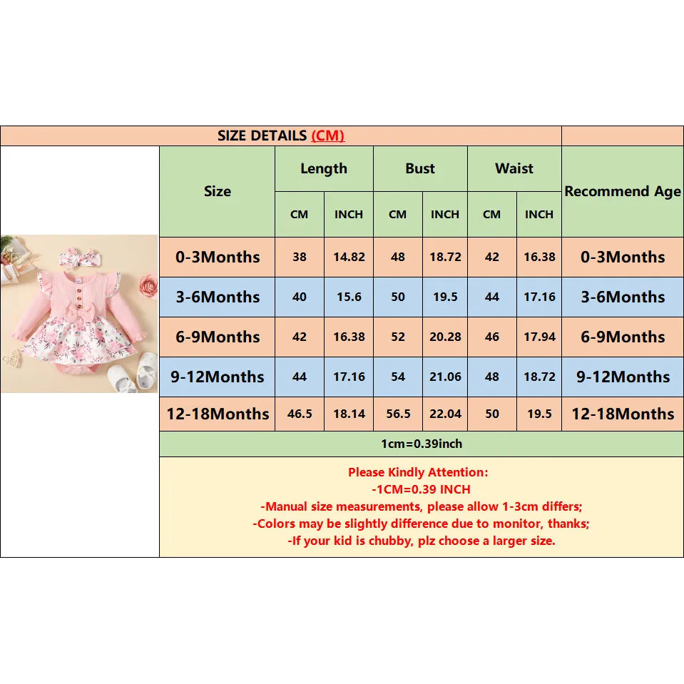 2PCS Baby Girl Princess Romper Dress Long Sleeved Lovely Ribbed Floral Jumpsuit with Headband for Newborn Baby Girl 0-18 Months