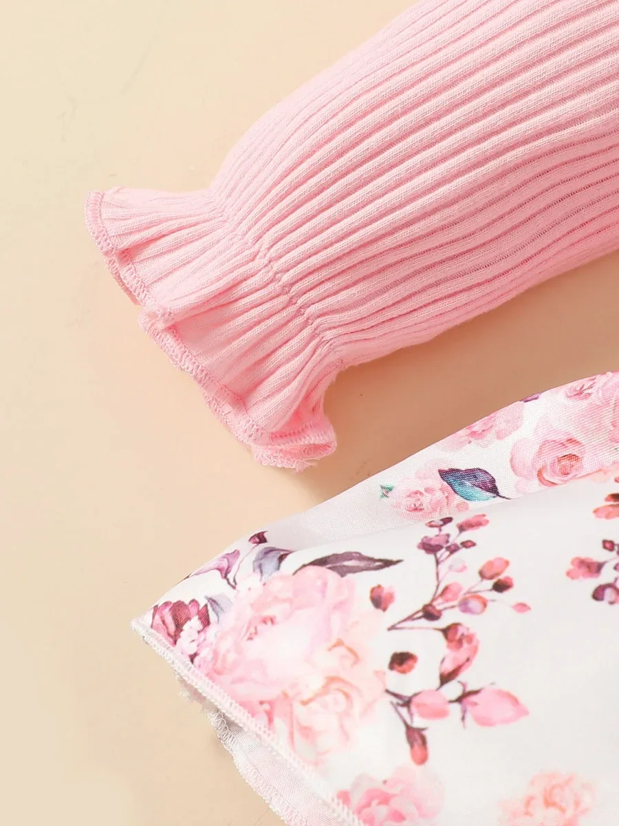 2PCS Baby Girl Princess Romper Dress Long Sleeved Lovely Ribbed Floral Jumpsuit with Headband for Newborn Baby Girl 0-18 Months