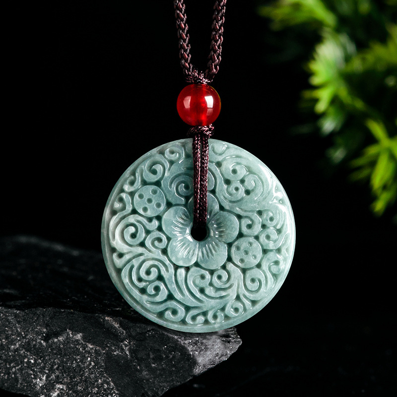 Natural A-grade Jade Pendant with Blue Water Carved Flower, Safe Buckle Jade Pendant, Men's and Women's Pendant, Jade Necklace