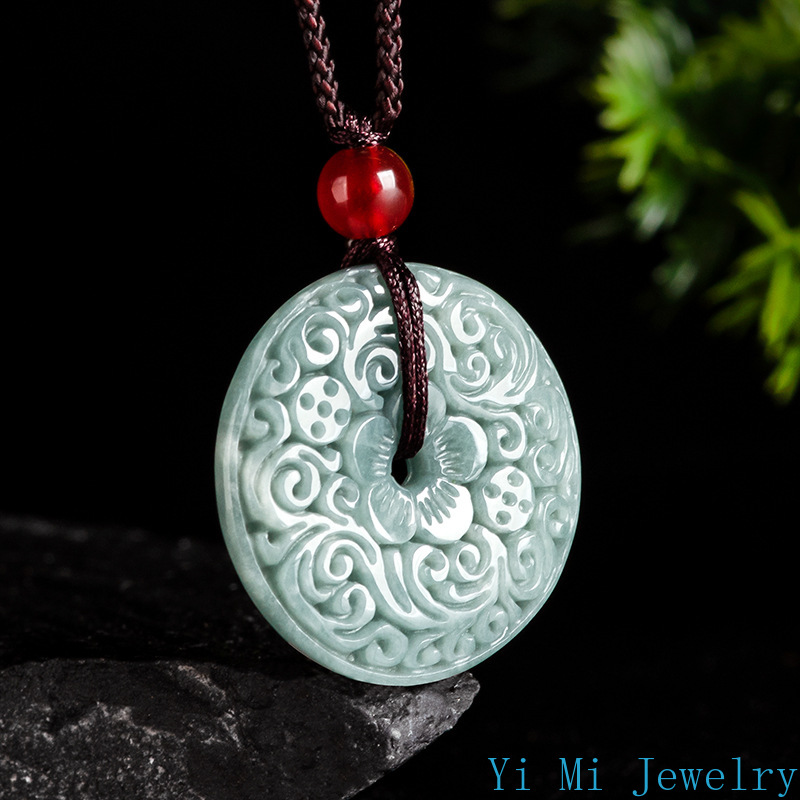 Natural A-grade Jade Pendant with Blue Water Carved Flower, Safe Buckle Jade Pendant, Men's and Women's Pendant, Jade Necklace