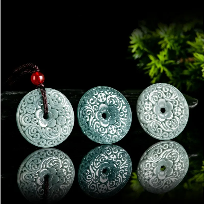 Natural A-grade Jade Pendant with Blue Water Carved Flower, Safe Buckle Jade Pendant, Men's and Women's Pendant, Jade Necklace