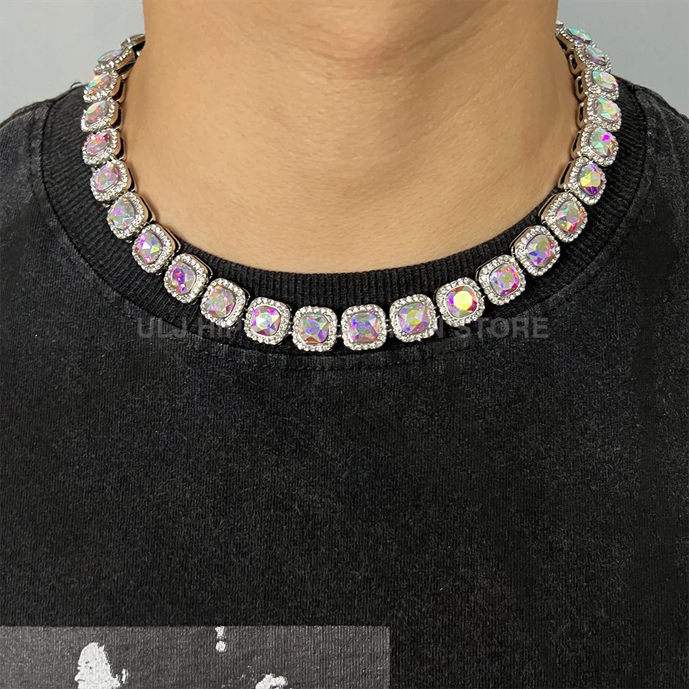 ULJ 12mm Square Hip Hop Iced Out Black Tennis Chains Reinstones Hiphop Necklace&Bracelet Luxury Copper Iced Out Cuban Jewelry