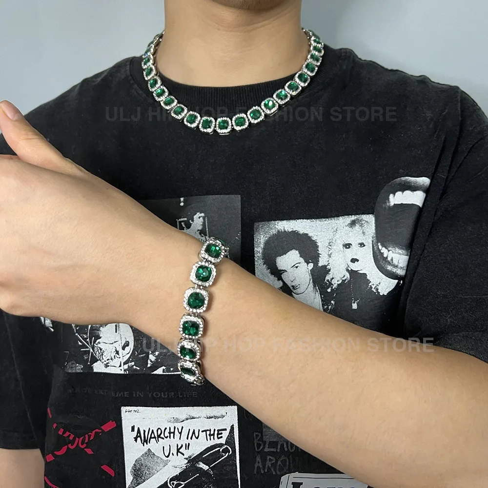 ULJ 12mm Square Hip Hop Iced Out Black Tennis Chains Reinstones Hiphop Necklace&Bracelet Luxury Copper Iced Out Cuban Jewelry