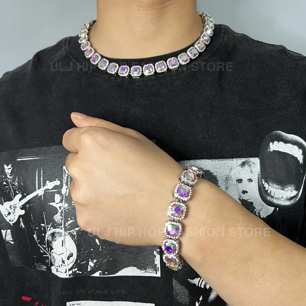 ULJ 12mm Square Hip Hop Iced Out Black Tennis Chains Reinstones Hiphop Necklace&Bracelet Luxury Copper Iced Out Cuban Jewelry