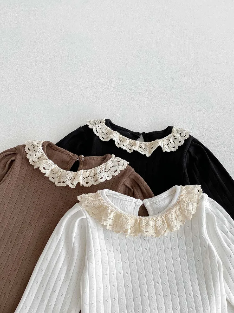 Autumn and Winter Baby Korean Style Lace Round Neck Hollow Pit Strip Long-Sleeved Boomsuit Baby Girl's Hem Lace Boomsuit