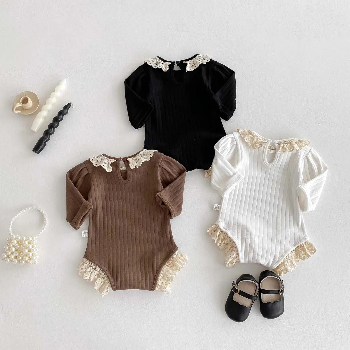 Autumn and Winter Baby Korean Style Lace Round Neck Hollow Pit Strip Long-Sleeved Boomsuit Baby Girl's Hem Lace Boomsuit