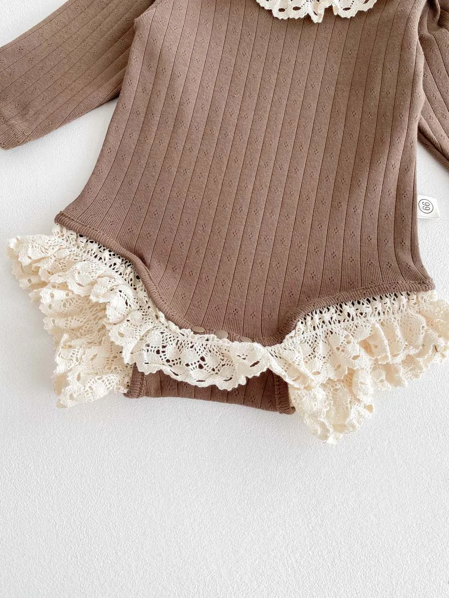 Autumn and Winter Baby Korean Style Lace Round Neck Hollow Pit Strip Long-Sleeved Boomsuit Baby Girl's Hem Lace Boomsuit