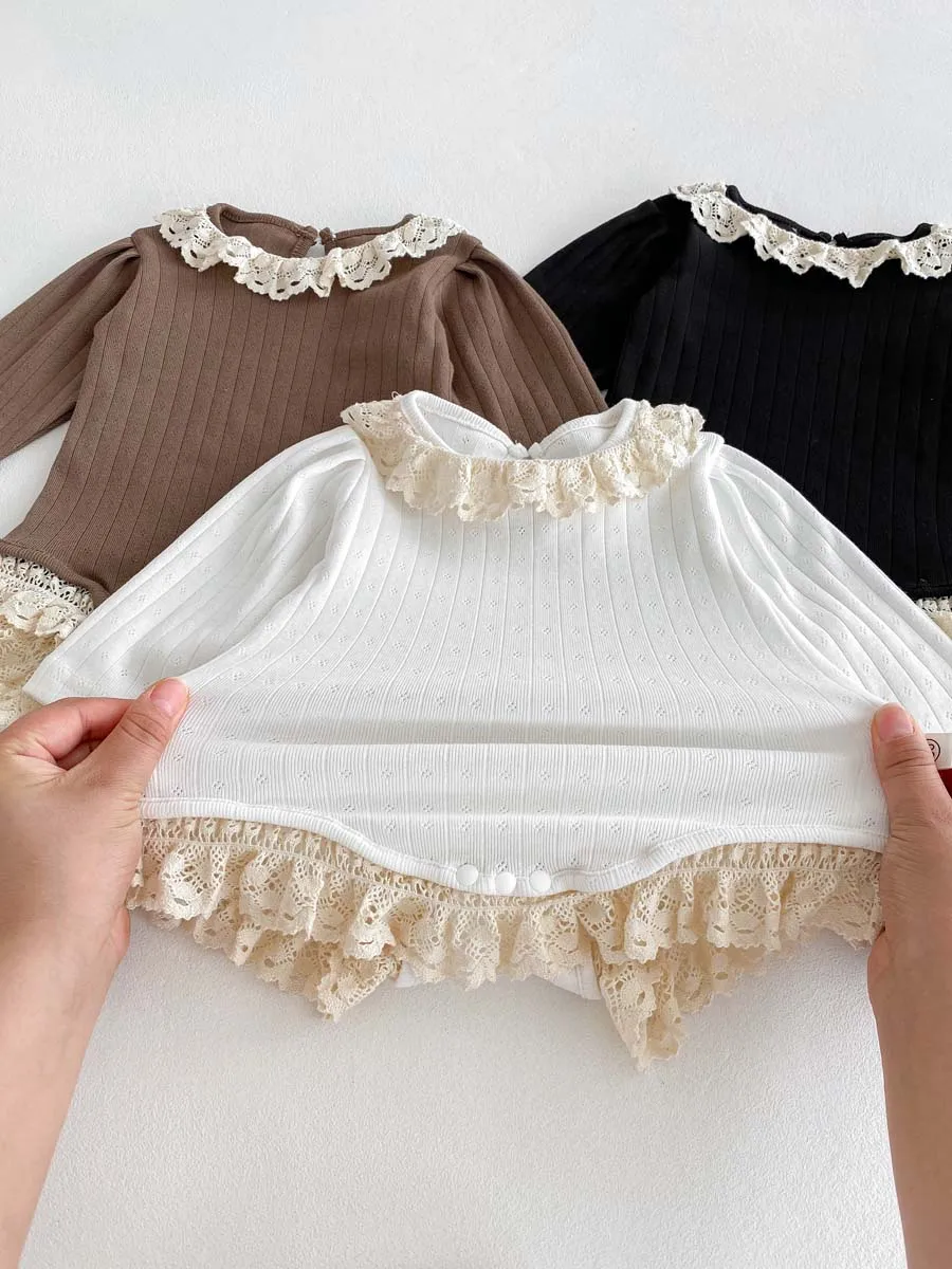 Autumn and Winter Baby Korean Style Lace Round Neck Hollow Pit Strip Long-Sleeved Boomsuit Baby Girl's Hem Lace Boomsuit
