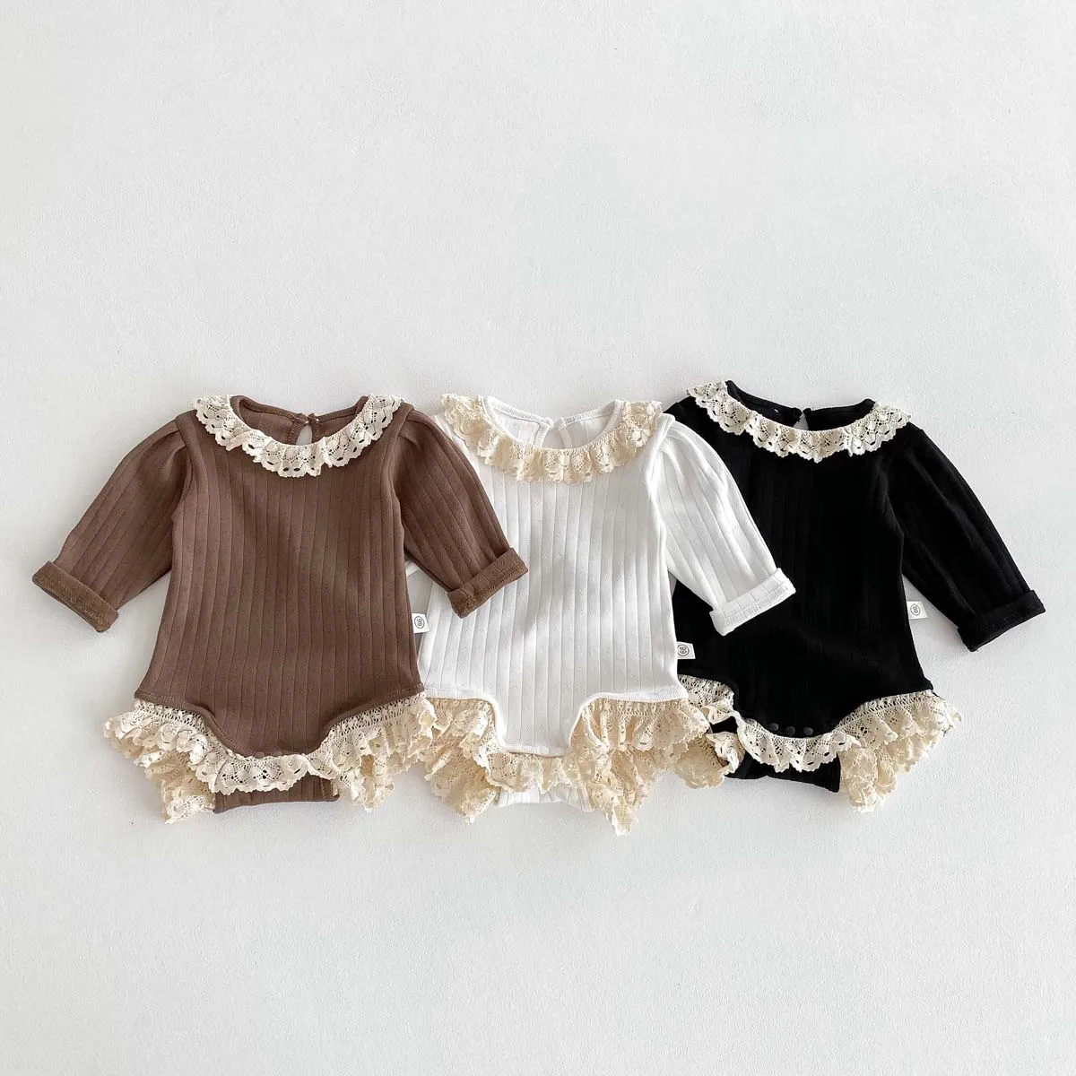 Autumn and Winter Baby Korean Style Lace Round Neck Hollow Pit Strip Long-Sleeved Boomsuit Baby Girl's Hem Lace Boomsuit