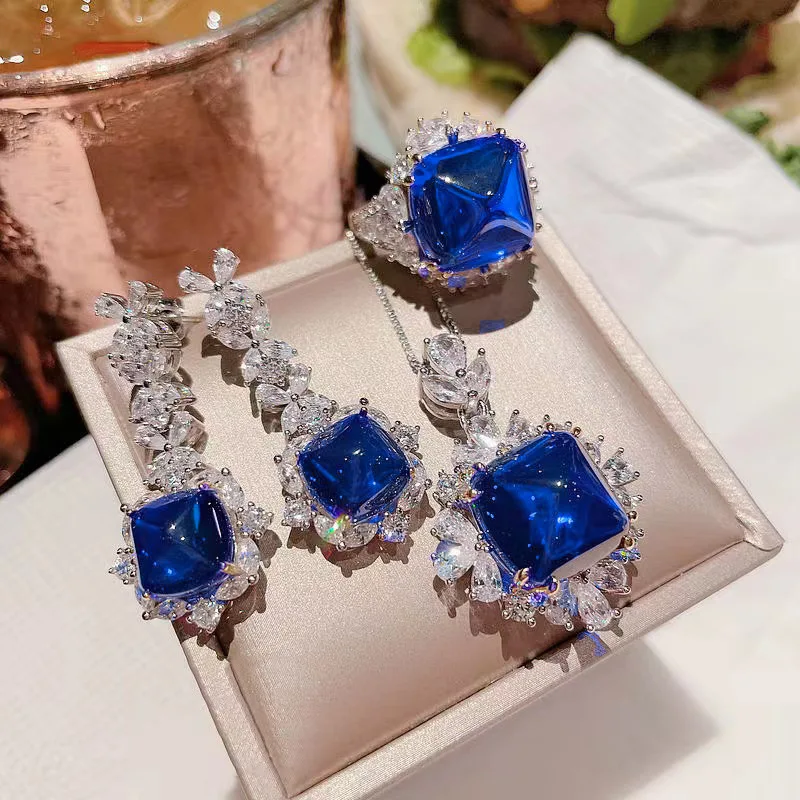 4pcs/set Luxury Lab Emerald Sapphire Jewelry for Women Set Platinum Plating Princess Cut Gemstone Wedding Ring Earring Necklace