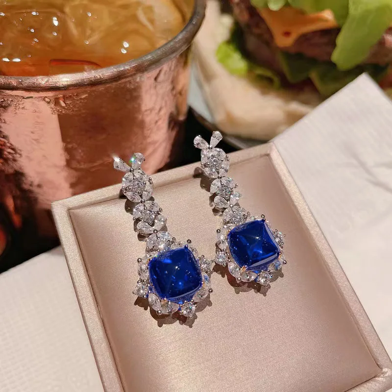 4pcs/set Luxury Lab Emerald Sapphire Jewelry for Women Set Platinum Plating Princess Cut Gemstone Wedding Ring Earring Necklace