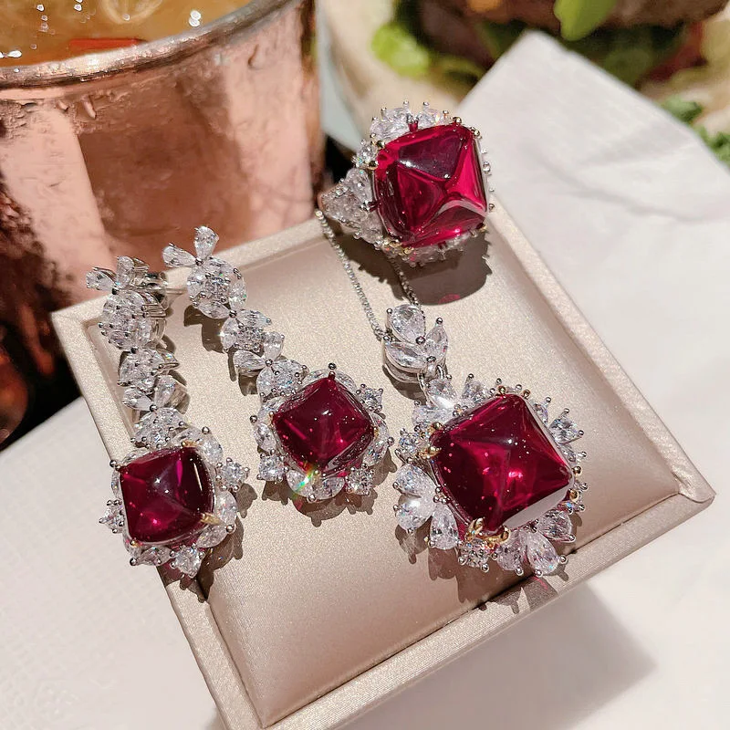 4pcs/set Luxury Lab Emerald Sapphire Jewelry for Women Set Platinum Plating Princess Cut Gemstone Wedding Ring Earring Necklace