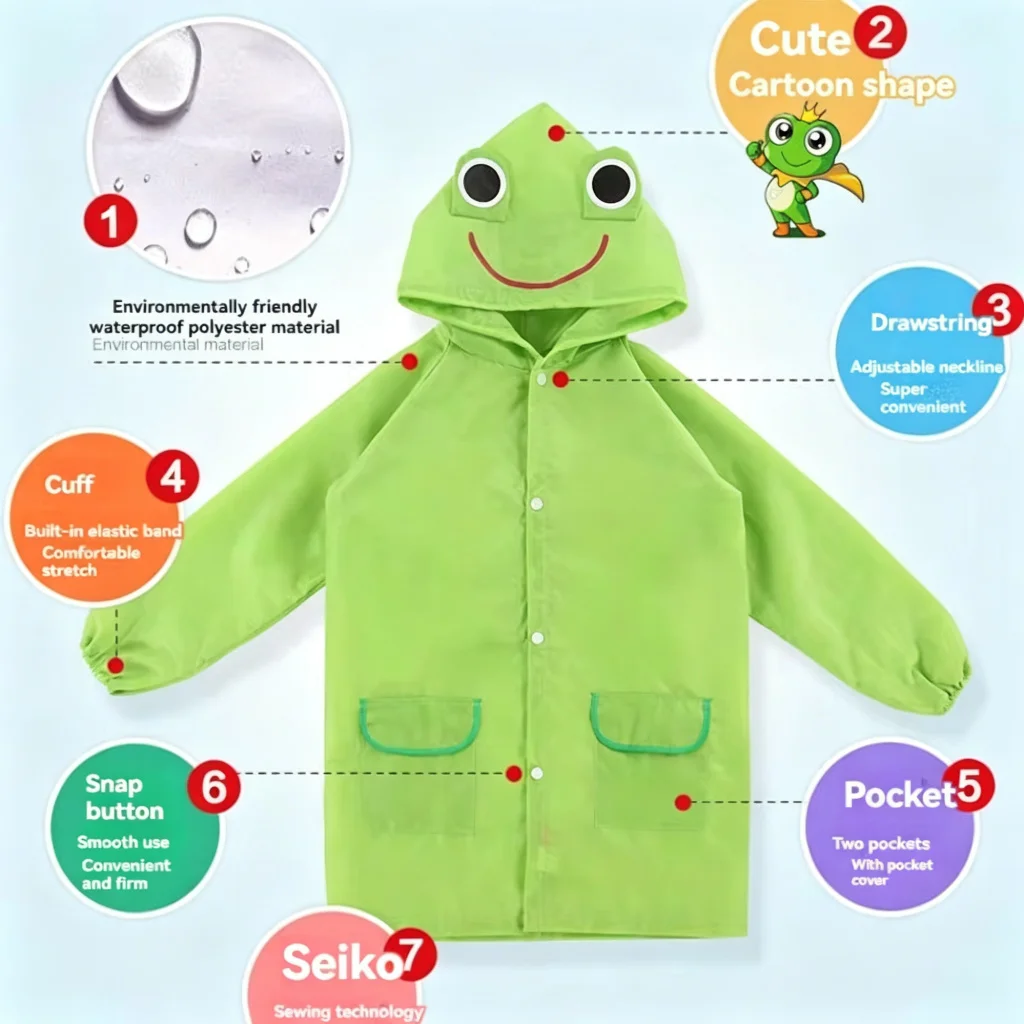 Boys Girls Rain Coat with Pocket Cartoon Animal Raincoat Kids Stylish Waterproof Rain Jacket Toddler Children Rain Poncho