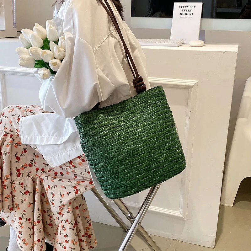 Casual Straw Woven Shoulder Bags For Women Wicker Handbags Handmade Summer Beach Bag Female Travel Large Capacity Rattan Totes