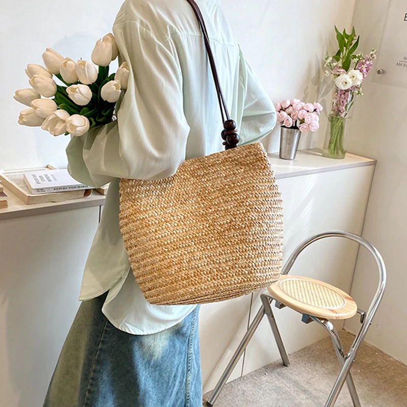Casual Straw Woven Shoulder Bags For Women Wicker Handbags Handmade Summer Beach Bag Female Travel Large Capacity Rattan Totes
