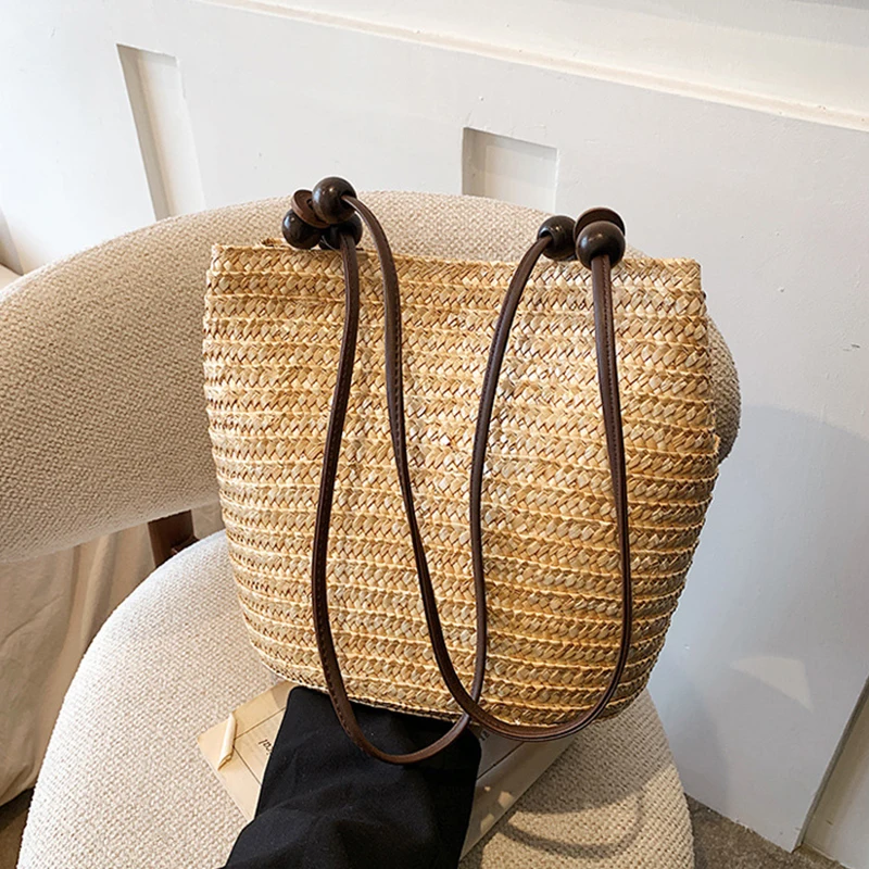 Casual Straw Woven Shoulder Bags For Women Wicker Handbags Handmade Summer Beach Bag Female Travel Large Capacity Rattan Totes