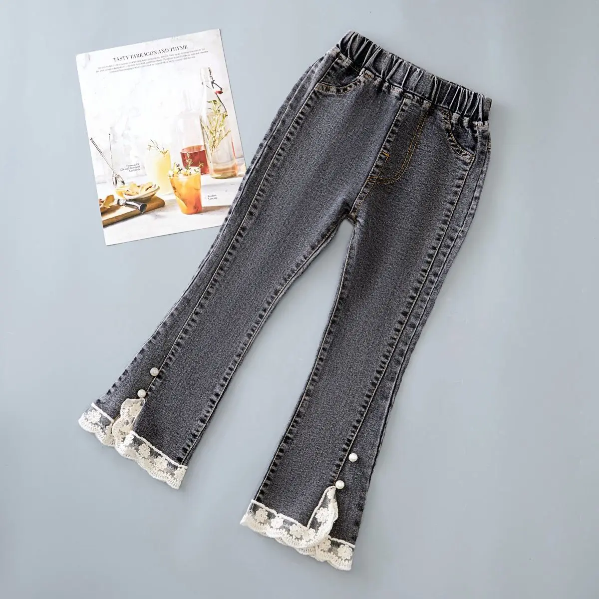 Korean Version of New Girl Denim Jeans Spring and Autumn Casual Denim Trousers Fashion Children Loose Wide-Leg Flared Pants 3-12