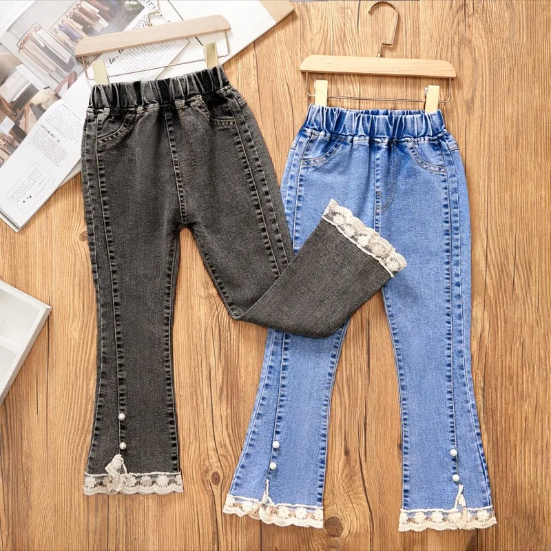 Korean Version of New Girl Denim Jeans Spring and Autumn Casual Denim Trousers Fashion Children Loose Wide-Leg Flared Pants 3-12
