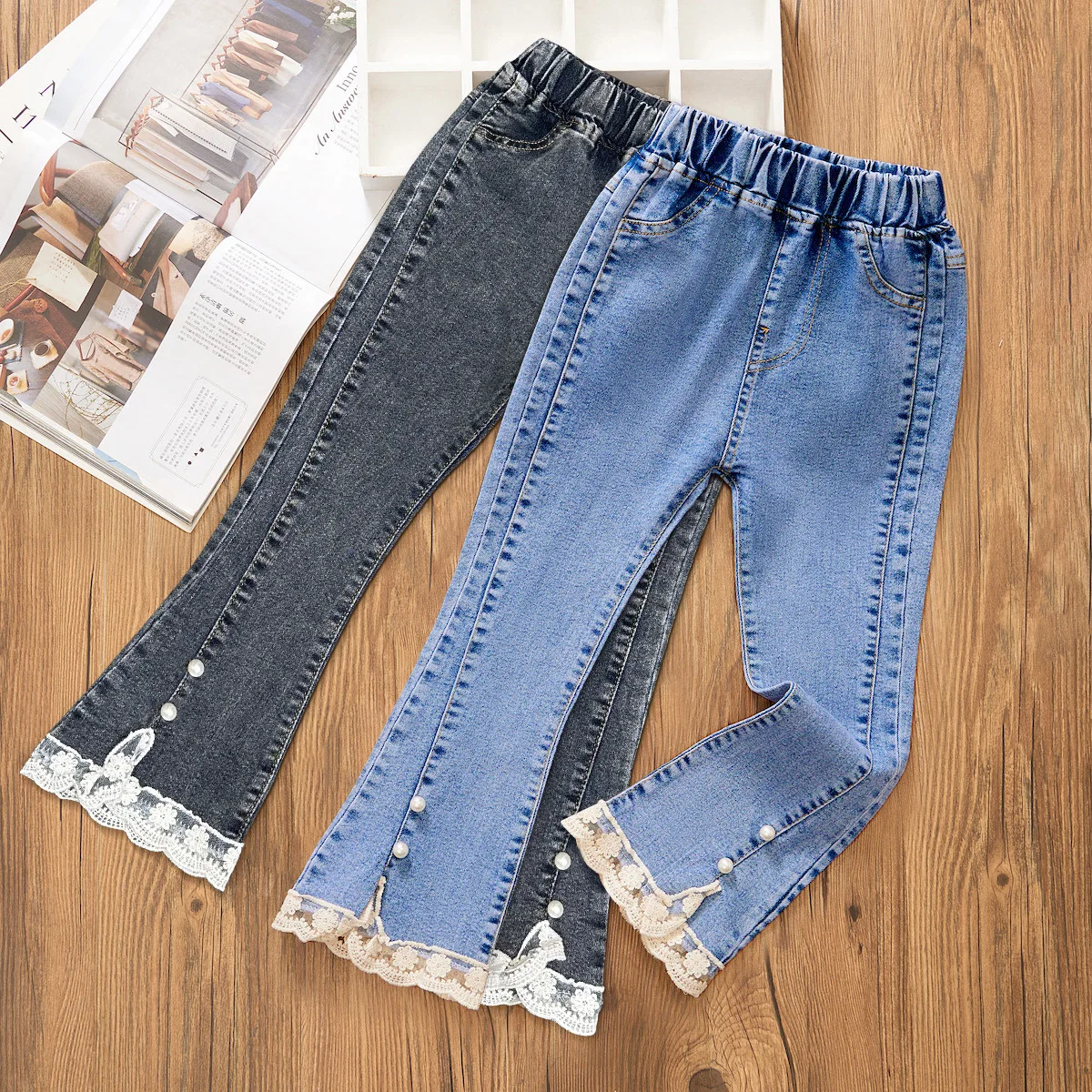 Korean Version of New Girl Denim Jeans Spring and Autumn Casual Denim Trousers Fashion Children Loose Wide-Leg Flared Pants 3-12