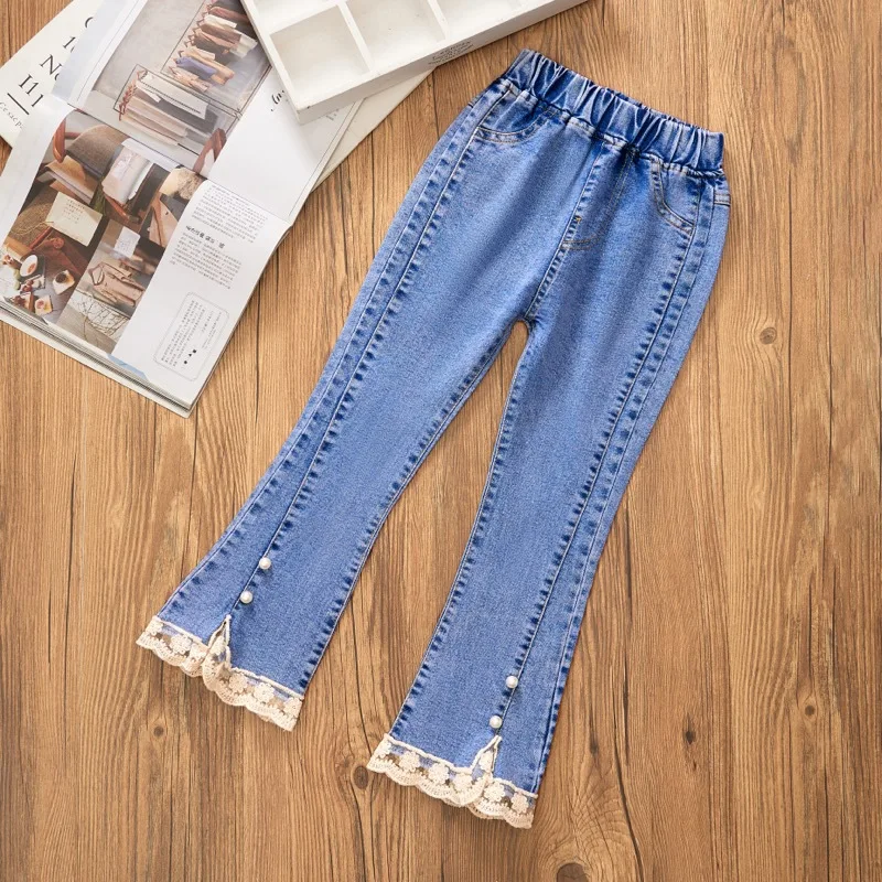 Korean Version of New Girl Denim Jeans Spring and Autumn Casual Denim Trousers Fashion Children Loose Wide-Leg Flared Pants 3-12