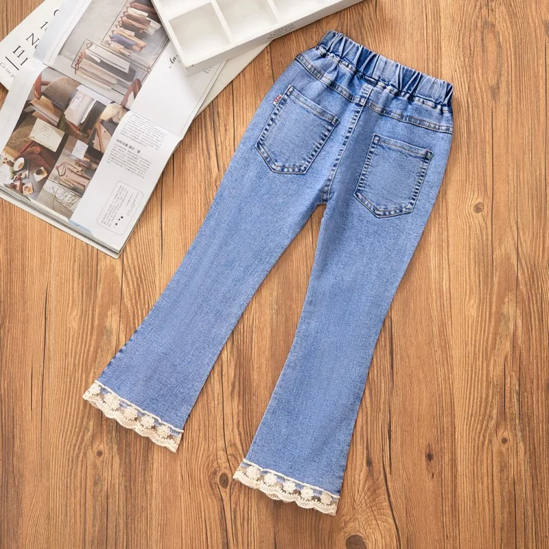 Korean Version of New Girl Denim Jeans Spring and Autumn Casual Denim Trousers Fashion Children Loose Wide-Leg Flared Pants 3-12