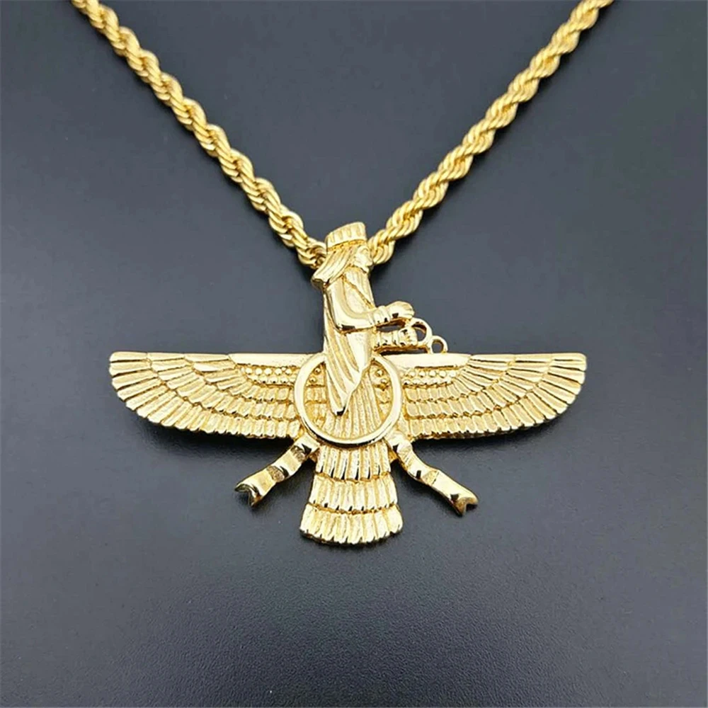 Punk Faravahar Ahura Mazda Zoroastrian Pendant Necklace Gold Color Stainless Steel Twist Rope Chains For Men Women Jewelry Gift