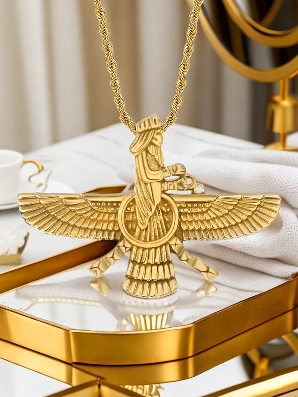 Punk Faravahar Ahura Mazda Zoroastrian Pendant Necklace Gold Color Stainless Steel Twist Rope Chains For Men Women Jewelry Gift