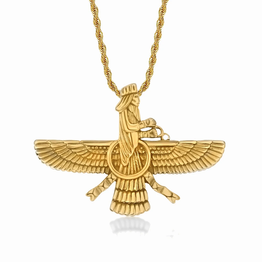 Punk Faravahar Ahura Mazda Zoroastrian Pendant Necklace Gold Color Stainless Steel Twist Rope Chains For Men Women Jewelry Gift