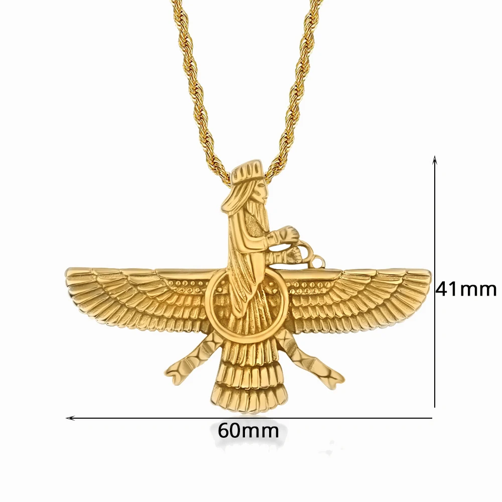 Punk Faravahar Ahura Mazda Zoroastrian Pendant Necklace Gold Color Stainless Steel Twist Rope Chains For Men Women Jewelry Gift