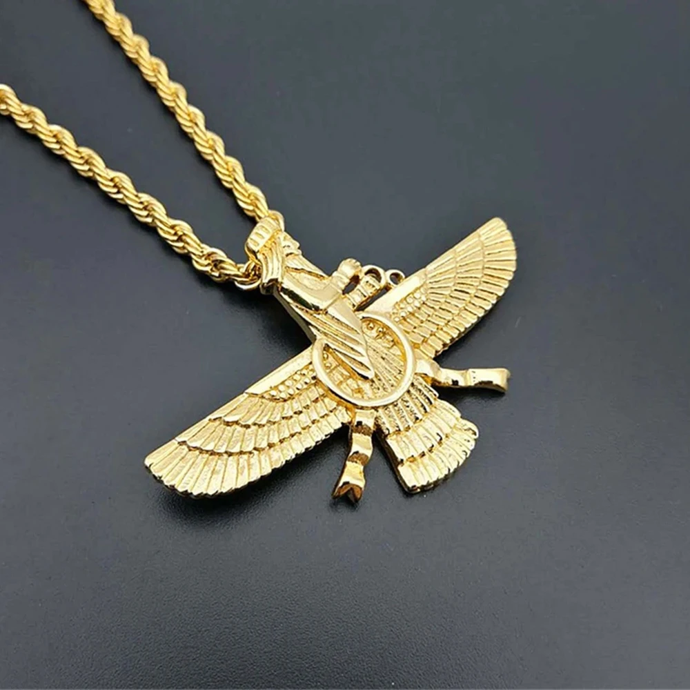 Punk Faravahar Ahura Mazda Zoroastrian Pendant Necklace Gold Color Stainless Steel Twist Rope Chains For Men Women Jewelry Gift