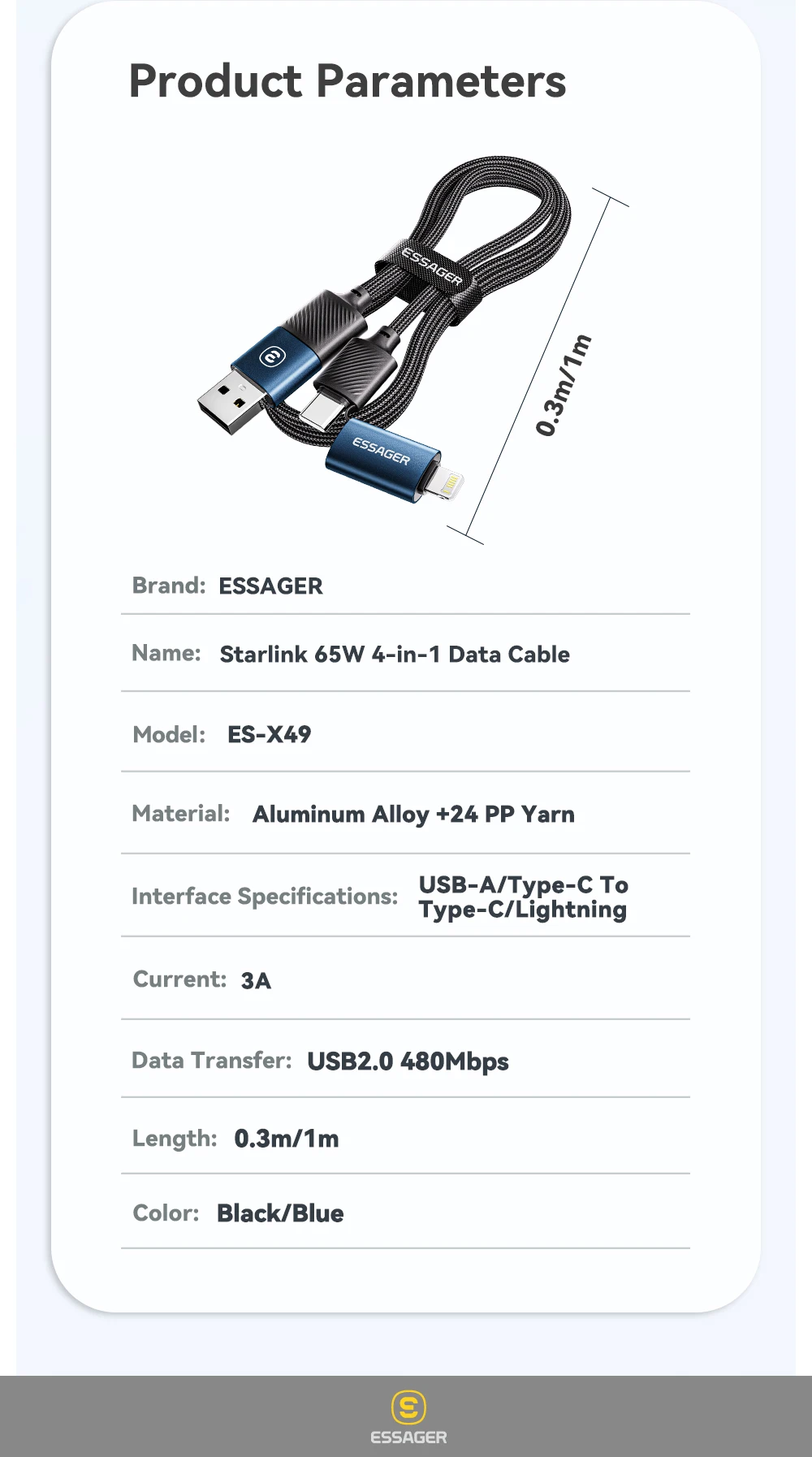 Essager 4 in 1 USB Cable Type C 65W PD Fast Charging Wire Type C To Type C Cable For iPhone 16 15 14 Pro Max iPad HUAWEI Xiaomi