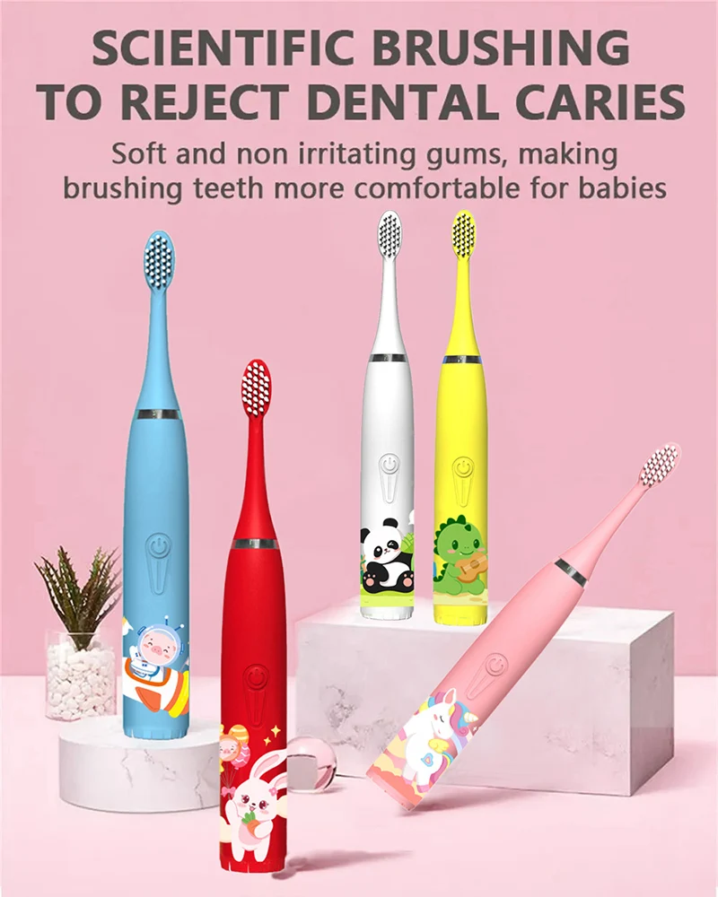 Sonic Electric Toothbrush Cartoon Kids With Cleaning brush Ultrasonic IPX7 Waterproof Rechargeable Timer Brush for Children Pink