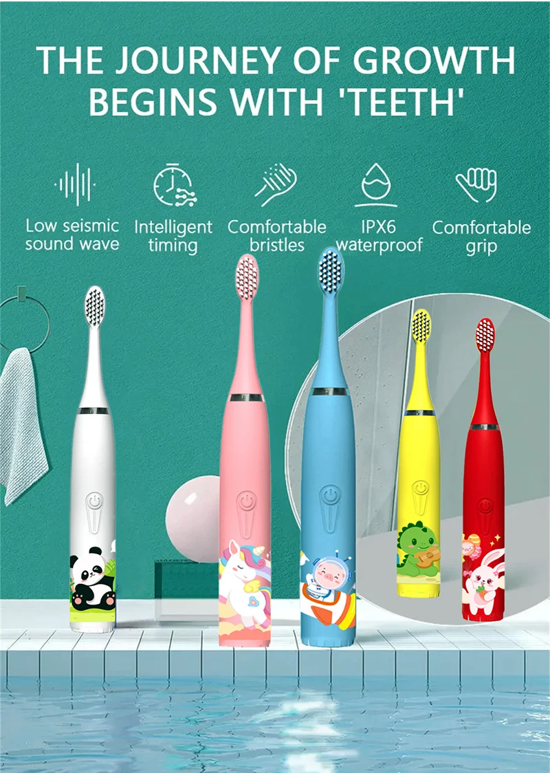 Sonic Electric Toothbrush Cartoon Kids With Cleaning brush Ultrasonic IPX7 Waterproof Rechargeable Timer Brush for Children Pink