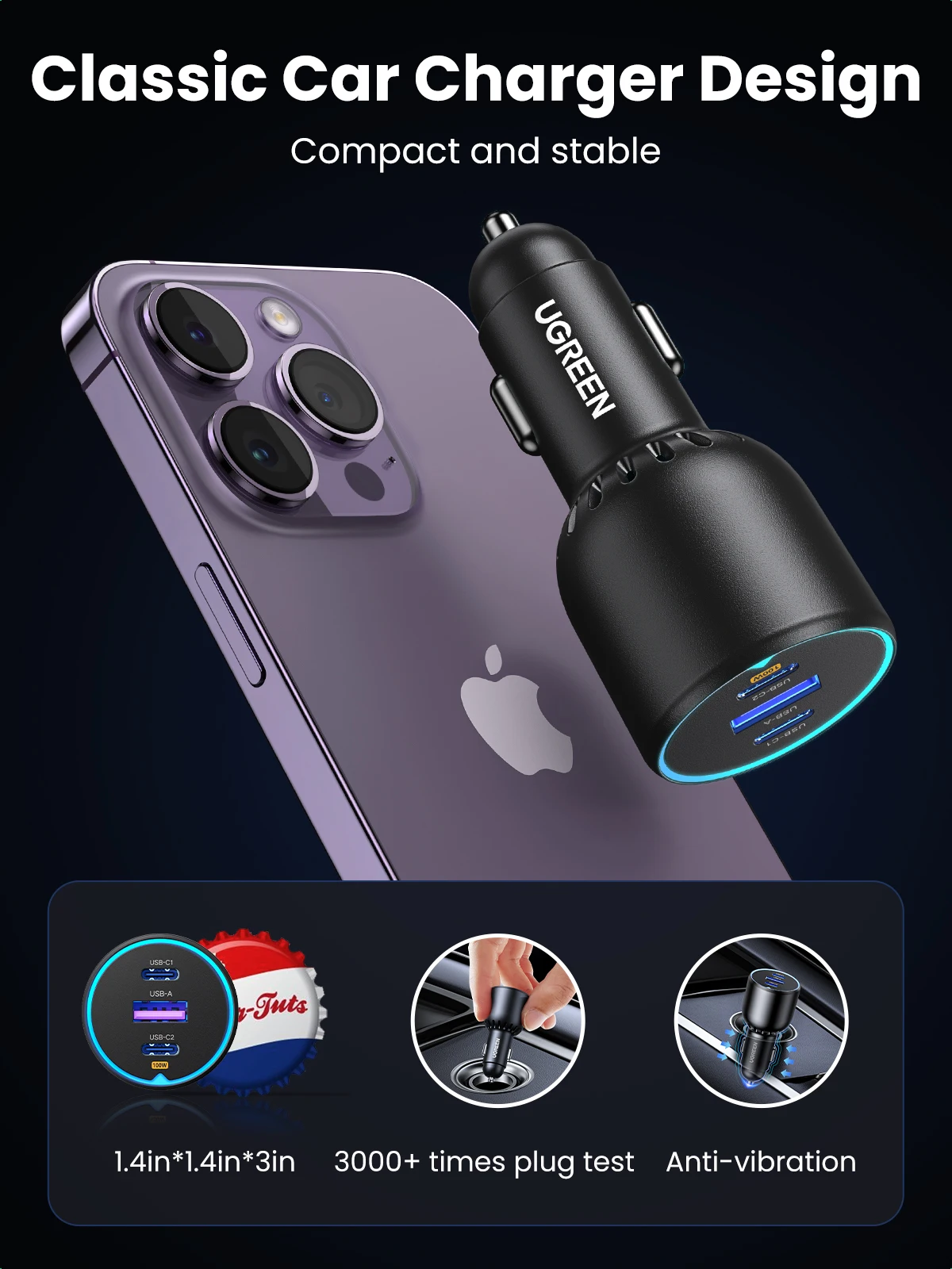 UGREEN 130W USB C Fast Car Charger with PD Cable for For Xiaomi iPhone 17 Samsung Galaxy S24 Laptops Fast USB C Car Charger QC4