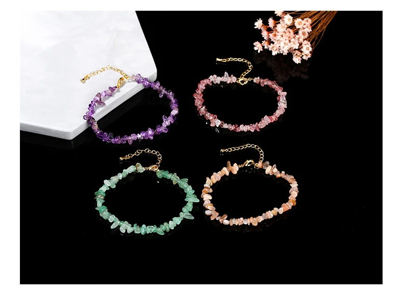 Natural Stone Tourmaline Amethyst Rock Quartz Crystal Chip Bead Bracelet Women Reiki Healing Adjustable Chain Fashion Jewelry
