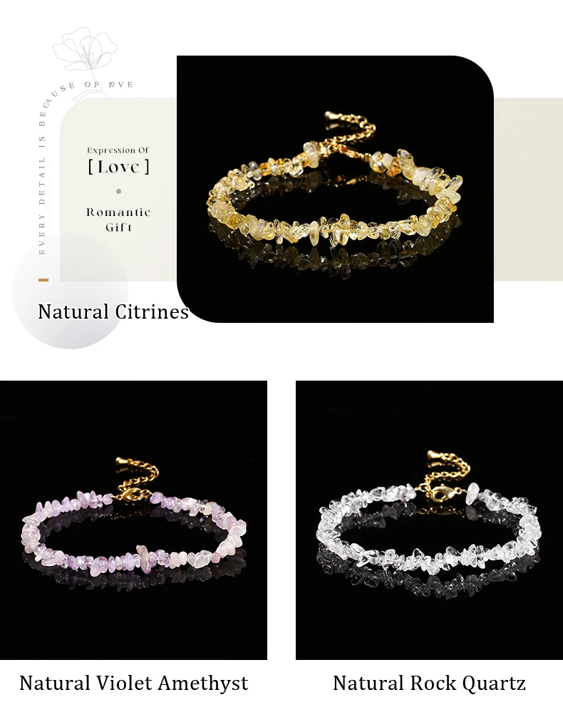 Natural Stone Tourmaline Amethyst Rock Quartz Crystal Chip Bead Bracelet Women Reiki Healing Adjustable Chain Fashion Jewelry