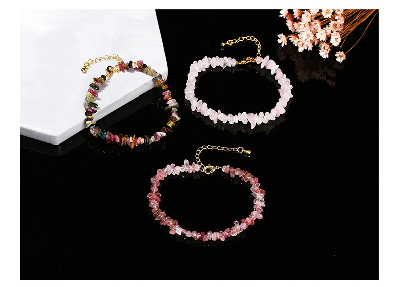Natural Stone Tourmaline Amethyst Rock Quartz Crystal Chip Bead Bracelet Women Reiki Healing Adjustable Chain Fashion Jewelry