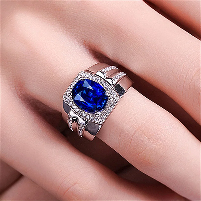 Classic Dark Blue Crystal Egg-shaped Stone Ring For Men Jewelry Trendy 925 Silver Ring Male Bridal Wedding Accessories