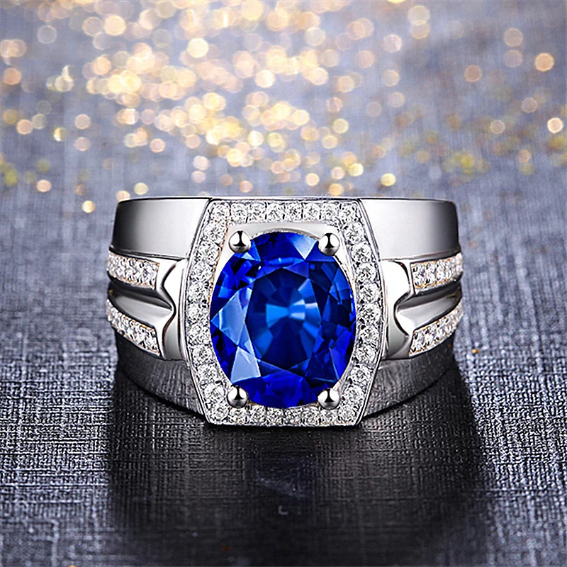 Classic Dark Blue Crystal Egg-shaped Stone Ring For Men Jewelry Trendy 925 Silver Ring Male Bridal Wedding Accessories