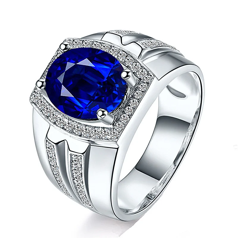 Classic Dark Blue Crystal Egg-shaped Stone Ring For Men Jewelry Trendy 925 Silver Ring Male Bridal Wedding Accessories