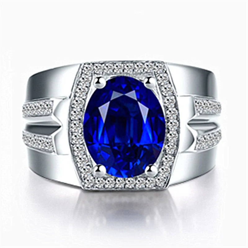Classic Dark Blue Crystal Egg-shaped Stone Ring For Men Jewelry Trendy 925 Silver Ring Male Bridal Wedding Accessories
