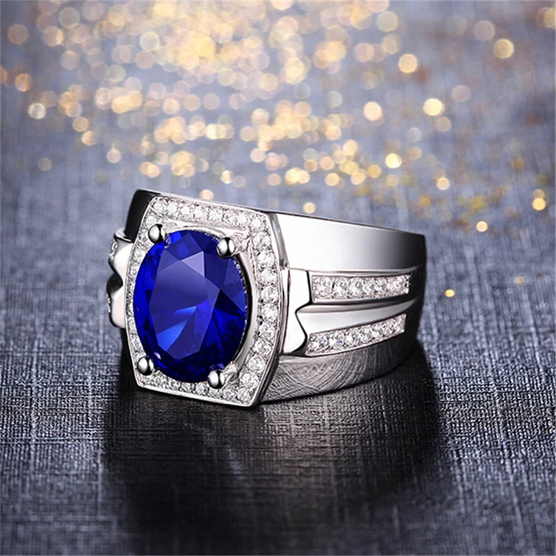 Classic Dark Blue Crystal Egg-shaped Stone Ring For Men Jewelry Trendy 925 Silver Ring Male Bridal Wedding Accessories