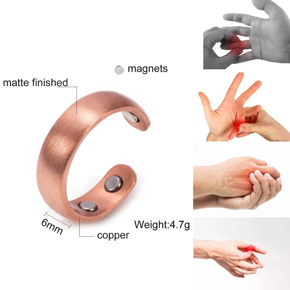 Pure Copper Ring Magnetic Adjustable Open Cuff 6MM Matte Vintage Metal Finger Jewelry for Men Women High Magnet Resizable
