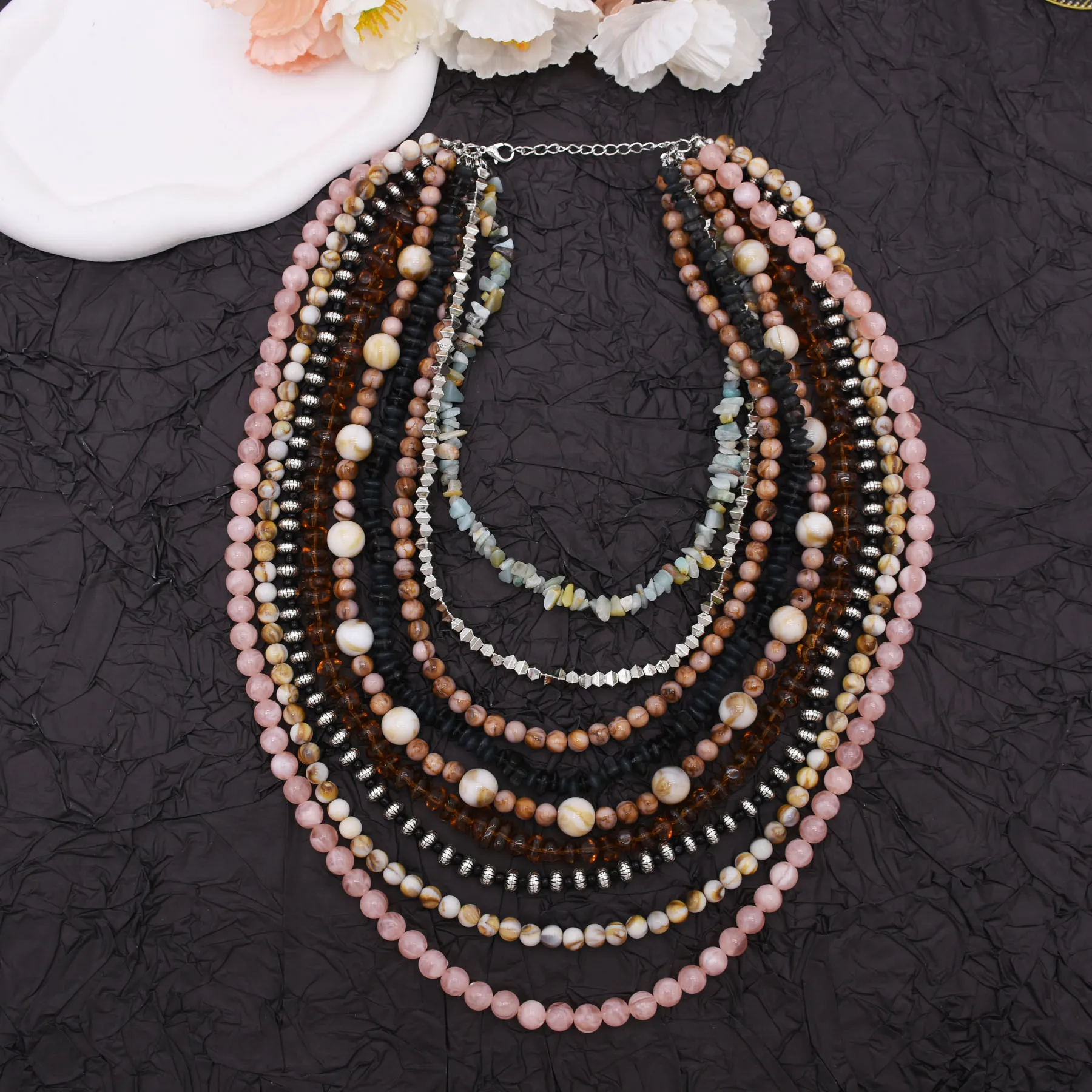 Colorful Natural Stacked Garnet Beads Chain Necklace Red Blue Stone Exaggerated Creative Multi-Layered Baroque Gravel Necklace