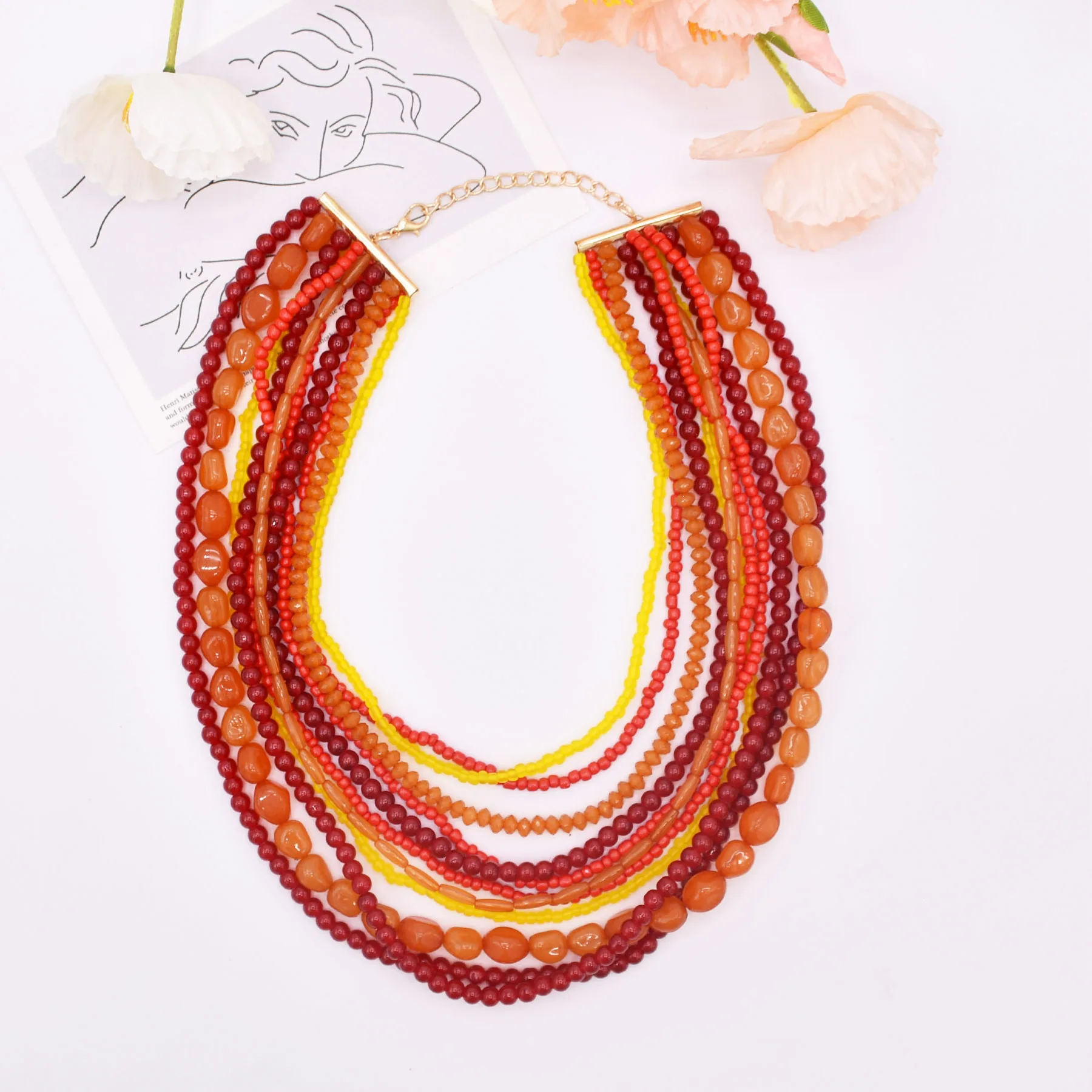 Colorful Natural Stacked Garnet Beads Chain Necklace Red Blue Stone Exaggerated Creative Multi-Layered Baroque Gravel Necklace