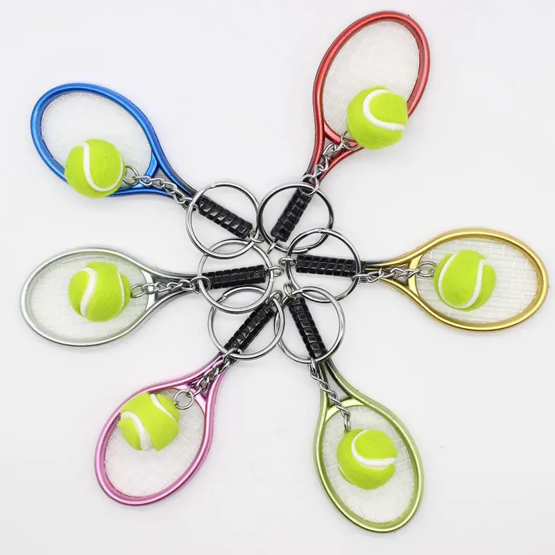 12Pcs Simulated Mini Tennis Racket Keychain for Women Men Metal Car Keyring Backpack Ornament Accessories Sports Souvenirs Gifts