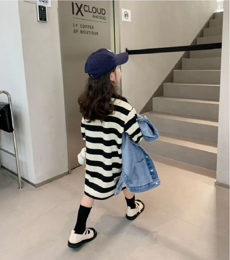 Girls Stripes Dresses Autumn Spring Long Sleeve polo neck Sweatshirt Dress Kids Fashion Casual Clothes 1-10 Years