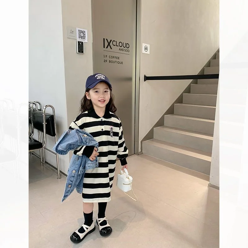 Girls Stripes Dresses Autumn Spring Long Sleeve polo neck Sweatshirt Dress Kids Fashion Casual Clothes 1-10 Years