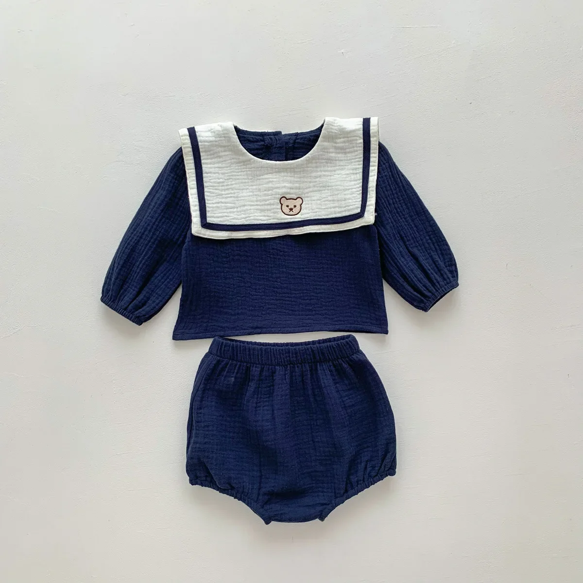 New In Autumn Kids Baby Girls Full Sleeve Naval Leader Bear Top T-shirts+solid Shorts Toddler Infant Cotton Clothing Set 2pcs